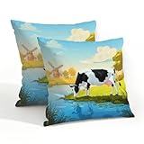 Fabpuro Juego de 2 fundas de almohada impermeables para exteriores, 50 x 50 cm, bonitas vacas de granja pastando por el río, fundas de cojín decorativas para patio, jardín, tienda de campaña, sofá