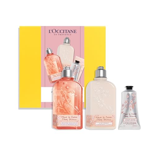 L'OCCITANE - Estuche Flores de cerezo - Gel de ducha espumoso y suave, Leche corporal perlada y Crema de manos - Fabricado en Francia