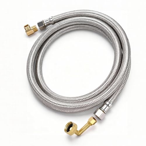 6FT Universal Dishwasher Water Supply Line - 304 Braided Stainless Steel with Food Grade PVC Inner Tube Includes 90 3/8 Elbow & 3/4 90 GHT Adapter Burst/Corrosion/Leak Resistant
