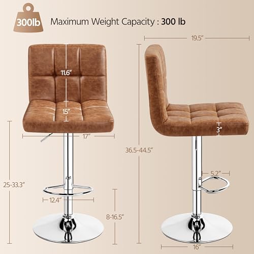 Image of Yaheetech Bar Stools Set of 2, PU Leather Swivel Barstools, Height Adjustable Counter Chairs, Modern Stools with Back for Bar Kitchen Island Dining Room, Retro Brown