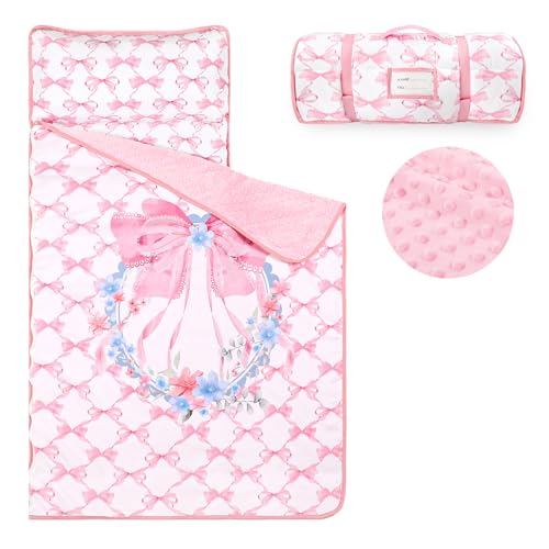 Image of Toddler Nap Mat with Removable Pillow & Soft Minky Blanket, HNHUAMING Extra Large Rolled Napping Mats for Girls, Pink Kids Slumber Bags for Daycare, Preschool Travel Camping, Bow