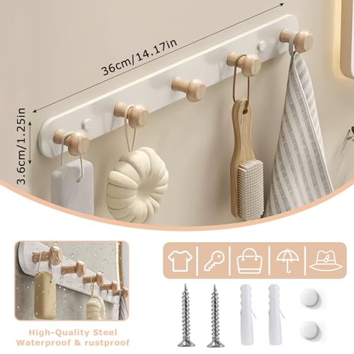 QMAHA Garderobenhaken mit 5 Holz Haken, Kleiderhaken Wand Garderobenleiste Jackenhalter Wand Hakenleiste Garderobe für Schlafzimmer Küche Garderobe