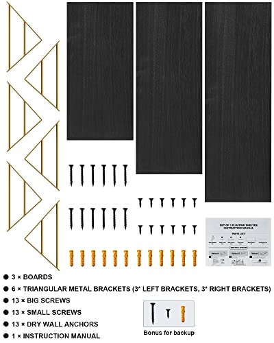 Bayka Wall Shelves For Bedroom Decor, Floating Wall Shelves For Living Room Kitchen Storage, Wall Mounted Rustic Wood Floating Shelves For Kids Books, Small Shelf For Bathroom(Black And Gold，Set Of 3) #TOP5
