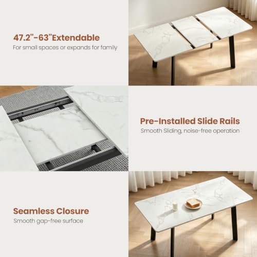 Image of Modern 47.2 inch-63 inch Extendable Rectangular Dining Table, White | Removable Extension Leaf, Durable MDF Tabletop, Accommodates 4-8 Guests, Great for Dining Room Small Kitchen & Dinner Spaces