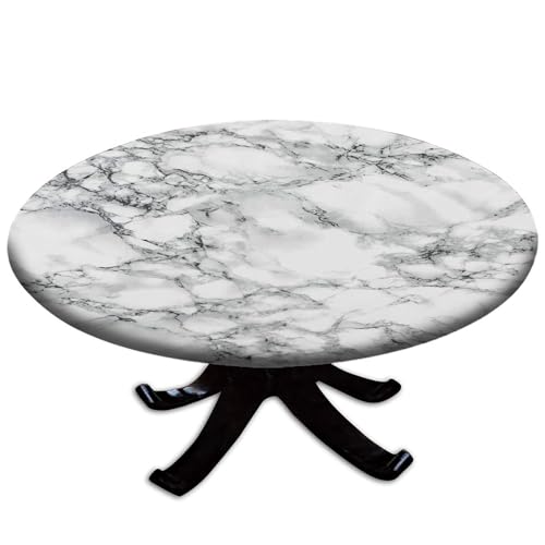 igoga sports Fitted Tablecloth Round with Elastic, Spring Edge Table Cover Pad for Outdoor Picnic Party or Indoor Kitchen Patio Dining Table Decor Fits Tables Up to 36''-40'' Diameter, Marble B