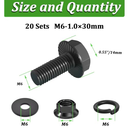 Image of 20 Set M6-1.0 x 30mm Flanged Hex Head Bolts,Flange Nuts,Flat & Lock Washers,10.9 Black Zinc Plated,Full Thread, Alloy Steel