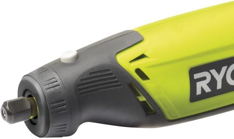 Close-up of the Ryobi EHT150V rotary tool's collet and spindle lock button