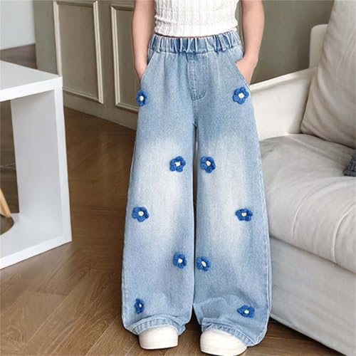 Girls Wide Leg Jeans Elastic Waist Baggy Denim Pants Floral Embroidery Jeans Y2k Streetwear for Kids 5-15 Years3