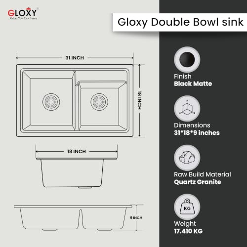 Image of GLOXY Premium Quartz Granite Double Bowl Kitchen Sink 31x18x9 Inches - Heavy Duty Black Matte Finish Double Bowl Quartz Sink with Drainer Basket Coupling Hose Pipe - Undermount & Topmount Kitchen Sink