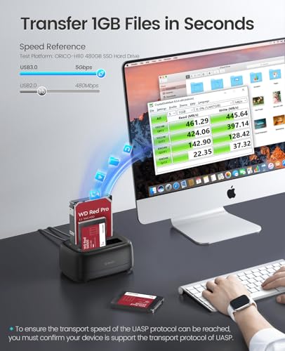 Image of ORICO Hard Drive Docking Station Dual Bay USB 3.0 to SATA with Duplicator /Offline Clone Function External Hard Drive Dock for 2.5'' /3.5'' HDD SSD Max Up to 44TB Support UASP Plug&Play-DD-C
