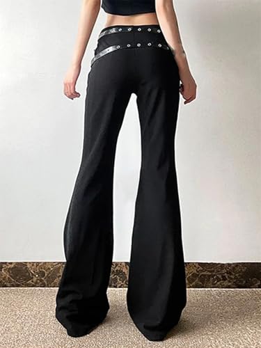 Women's Black Flared Pants Leather Buckle Waist Skinny Party Casual Pants3