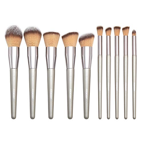 FIXBODY Makeup Brush Sets - 10 PCS Wood Handle Soft Synthetic fiber hair Kabuki Powder Blush Liquid Eyeliner Eyeshadow Lip Eyebrow Brush (Silver)