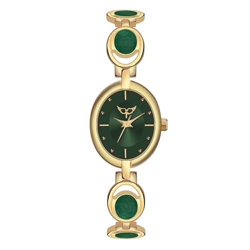 WHITE BIRD Womens Gold-Toned Oval Dial Wrist Analog Watch with Black Strap, Studded with Stones (Gold D Green)