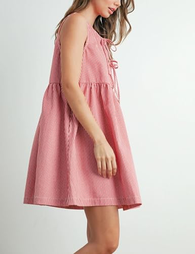 Image of Womens Mini Red Stripe Bowknot Dress Round Neck Sleeveless A Line Casual Dresses