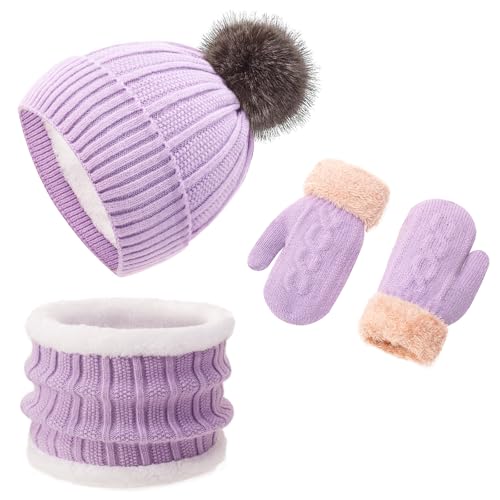 Image of Kids Winter Beanie Hat Gloves Scarf Set 1-10 Years Old Girls Boys Mittens Knit Neck Warmer Warm Fleece lining