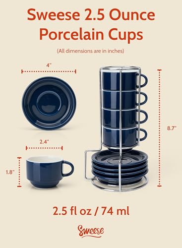 Image of Sweese 2.5 Ounce Porcelain Stackable Espresso Cups with Saucers and Metal Stand Set of 4, Navy