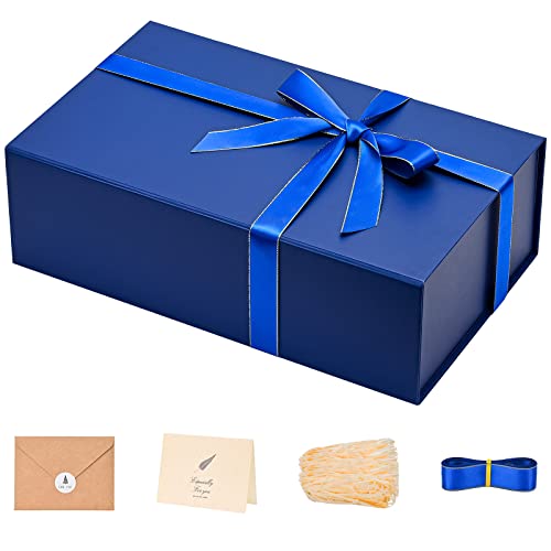 LIFELUM Navy Blue Birthday Gift Box for Men 13.85 x 8.35 x 4.45 inch, Groomsmen Proposal Gift Box for Presents with Lids Ribbon,Card,Shredded Paper Filler
