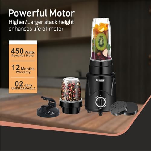 Image of Pringle Alexa Nutri Blender 450W | Smoothie Maker & Mixer Grinder | 2 Food Grade Jars | Sipper Cap & Storage Lids | Dual Blade System | Compact Kitchen Blender | 1 Year Warranty | Black
