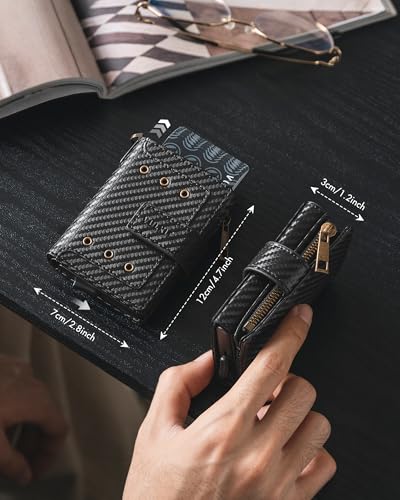 VULKIT Mens Wallet RFID Protected with Chain, POP UP Credit Card Ejector Case, ID Window, Zipper Pocket for Coins and Compartment for Bills/Banknotes, Carbon Black2