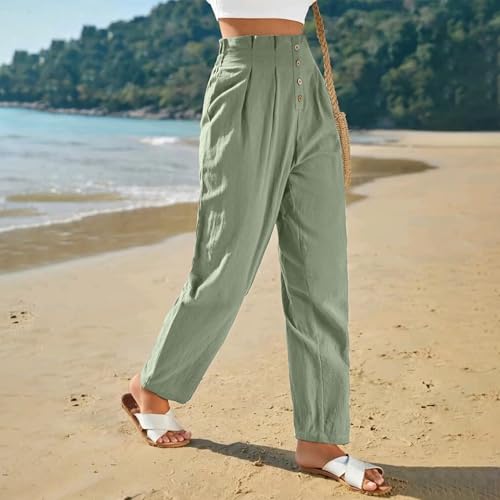 Womens Linen Pants Summer High Waisted Work Pants Trousers Lightweight Paperbag Elastic Waist Pants with Pockets2