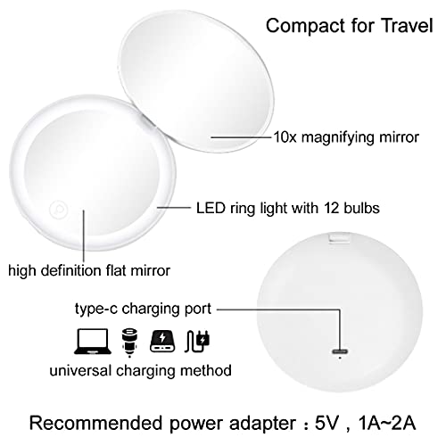 Milishow Compact Mirror With Led Light,1X/10X Magnifying Rechargeable Mirror,3.5In Pocket Mirror, Dimmable Travel Mirror For Purse,Pocket,Handheld 2-Sided Makeup Mirror (White 1Pack) #TOP5