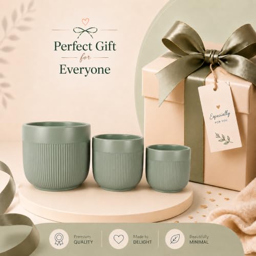 Image of Xtore Verde Ceramic Ribbed Planter Set | Soft Tone Vertical Groove Plant Pots for Home, Office & Living Room Decor - (Set of 3, Green, Planter ONLY)