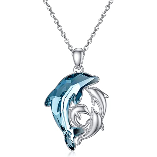 POPKIMI Dolphin Gifts for Women Dolphin Necklace Sterling Silver Crystal Mom and Daughter/Son Necklace