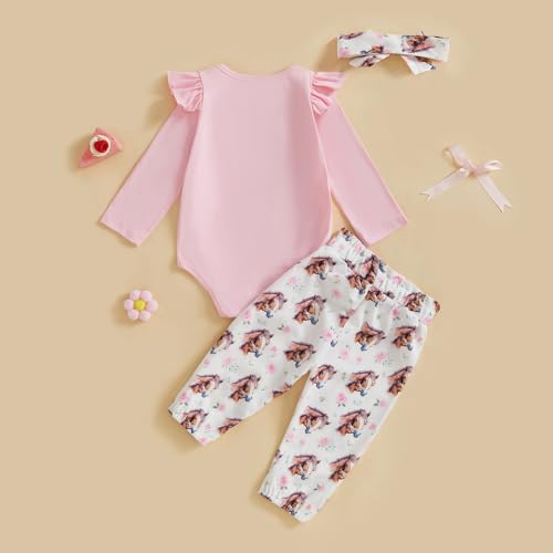 Western Toddler Girl Outfits Ruffle Set Funny Letter Cowgirl Boots Romper Pants Headband Farm Baby Clothes3