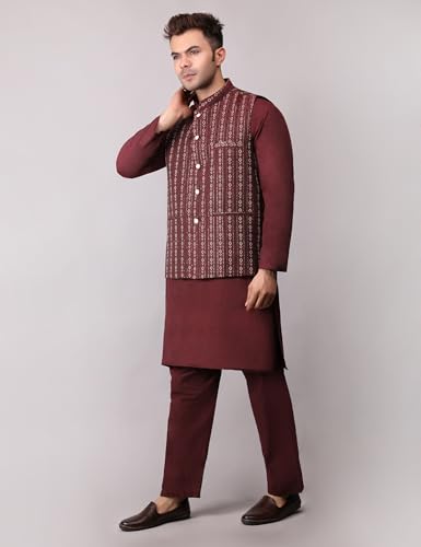 Image of Men's Cotton Silk Blend Regular Kurta Pyjama, Embroidered Nehru Jacket /Waistcoat Set