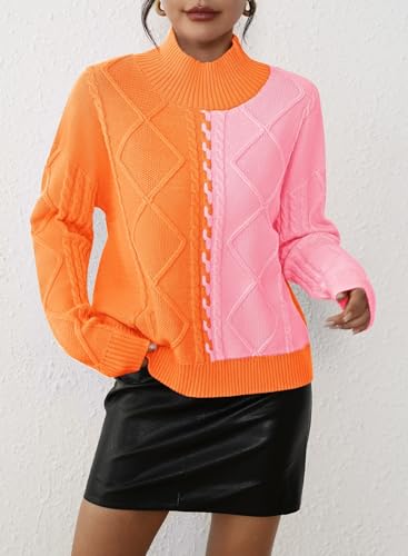 Pink Queen Women's Chunky Sweaters 2025 Fall Winter Long Sleeve Mock Neck Cable Knit Colorblock Pullover Jumper Tops2