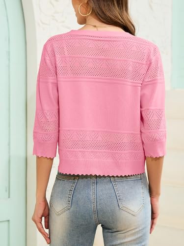 Women's 2025 Cropped Cardigan 3/4 Sleeve Lightweight Crochet Shrug Hollowed-Out Knit Sweater Tops S-XXL3