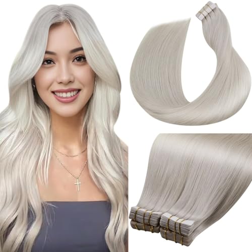 Image of LaaVoo Tape in Hair Extensions Human Hair Blonde Hair Extensions Tape in Real Human Hair 22 Inch Platinum Blonde Human Hair 40pcs /100gram