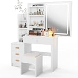 Oyajia Schminktisch Weiß, Kosmetiktisch mit Spiegel & Hocker, Frisierkommode mit LED-Beleuchtung Set, Frisiertisch mit 4 Schubladen, Schlafzimmermöbel Vanity Set, 135 * 80 * 36cm