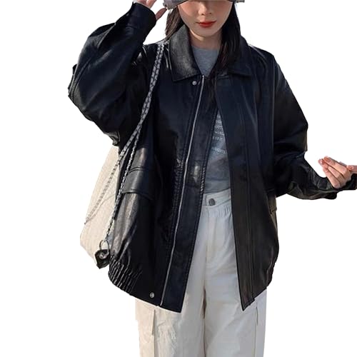 JEKE-DG Women's Vintage Lapel Comfort Coat Oversize Solid Faux Leather Coat Jacket Casual Zip Up Moto Biker Outerwear