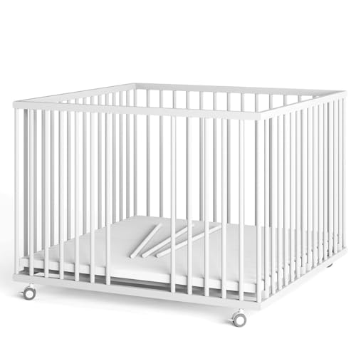 Sämann® Laufgitter 100x100 cm mit Matratze und Schlupfsprossen, stufenlos höhenverstellbar, Baby Laufstall, Buche, gummierte Rollen, Buche weiß lackiert