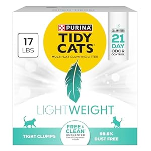 Purina Tidy Cats LightWeight Free and Clean Unscented, Multi-Cat, Clumping, 99.9 Percent Dust Free Cat Litter – 17 lb. Box