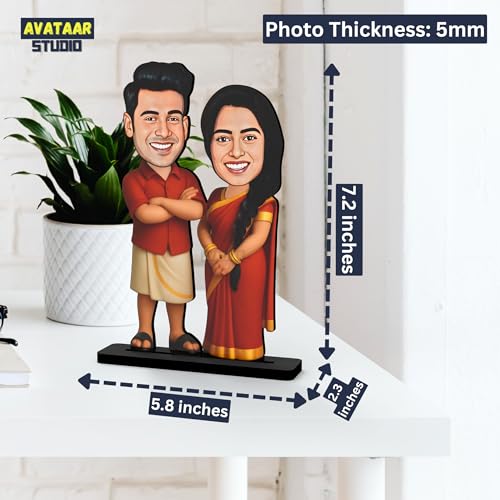 Image of Wood Rectangular Personalized Caricature Gift for Couple, 7 Inches, Tabletop Multicolor, Art Deco Style (Couple 10)