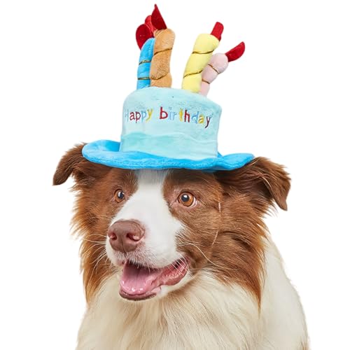Cute Pet Party Hat for Dogs&Cats - Soft Fluffy Birthday Cap with 5 Color Candles (Blue), Adjustable...