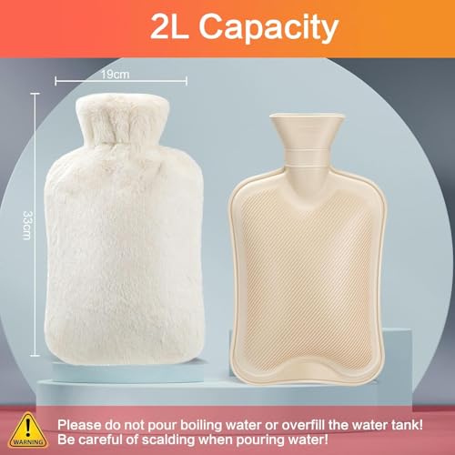 Image of Hot Water bag with soft Cover【2000ml】Durable Hot Bags for Pain Relief,Period Cramps , Neck, Shoulders,Feet Warmer - Leakproof Water Bag for Waist Hand Bed Winter Warmer,【2 Liters 】cream - color