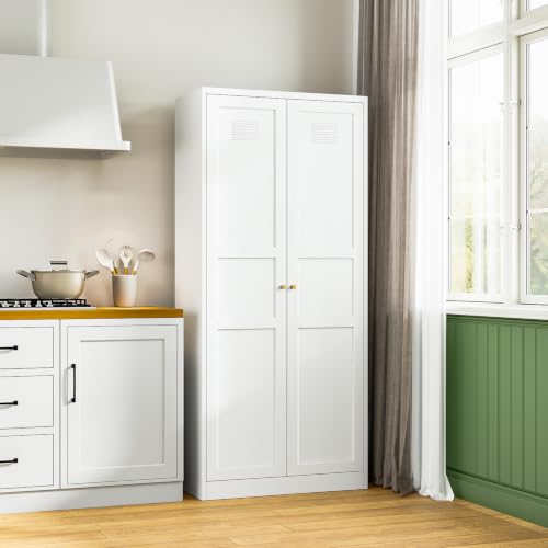 Image of Letaya White Storage Cabinet with Adjustable Shelves-Metal Home Kitchen Pantry Cabinets with Doors,Organization Locker for Cupboard /Bedroom /Dining /Living /Bathroom /Office /Garage Room