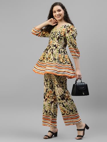 Image of DEEBACO Women's Tropical Print Rayon Peplum Top & Pants Co-Ord Set for Women V-Neck Puff 3 /4 Sleeves Ladies Party Casual Wear Fashionable for Girls Relaxed Fit Cord Set (DBCOMR00001097 L Multicolor)