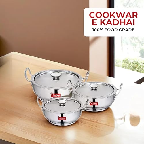 Camro Steel Kadhai with Lid Induction Bottom 3.1 Liters| Cookware Kadhai Steel Stainless Induction Base/Gas Stove Compatible | Kadhai for Deep... - Image 6