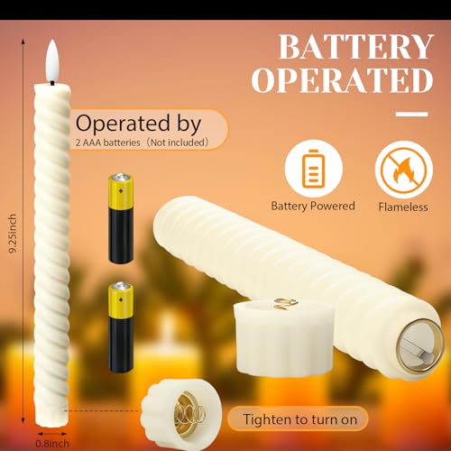 Image of Tuanse 24 Pcs 10 Inch Flameless Twisted Taper Candles LED Flickering Battery Operated Candles Electric Warm Light Candlesticks for Wedding Birthday Party Home Dinner Decor(Ivory)