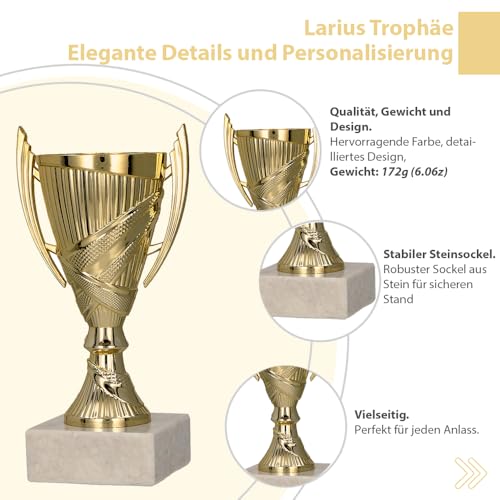 Larius Sieger Pokal mit/ohne Gravur (Personalisierbar) – Fußball Trophäe mit Marmorsockel - 3 Farben, Geschenk & Ehrenpreis für Turniere, Kinder, Vereine