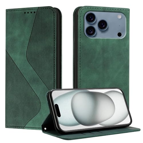 Étui portefeuille iPhone 16 Pro Max vert, housse clapet cuir magnétique