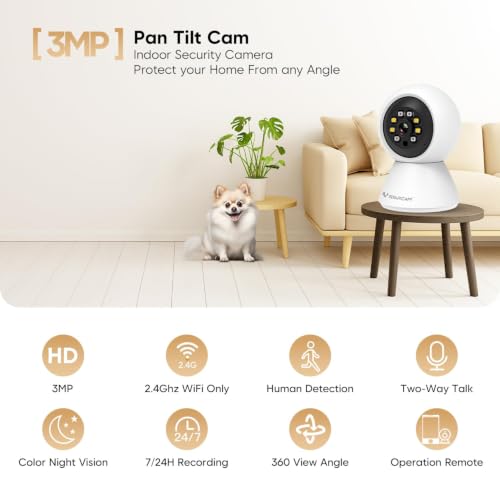 Image of VSTARCAM 3MP 2K Indoor Security Camera, 2.4GHz WiFi Pet Camera with 355 Pan 60 Tilt, Human Detection, Color Night Vision, 2-Way Audio, App Alerts, 24 /7 Recording, Cloud & microSD Storage
