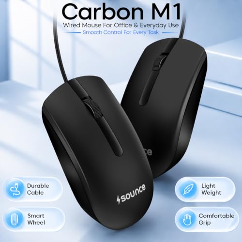Image of Sounce Carbon M1 Wired USB Mouse with 1200 DPI Optical Tracking, 3 Buttons, Scroll Wheel, 1.5m Cable, Plug & Play, Compact Design for Laptop & PC - Black