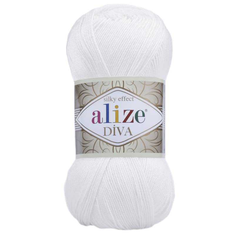 Alize Diva Silk Yarn - Microfiber Acrylic Sport Weight Yarn - Lightweight & Soft Yarn for Crocheting & Knitting Scarves, Clothes & Crafts - 1 Skein 100g, 383 Yards, Fingering Weight 14 WPI (55 White)