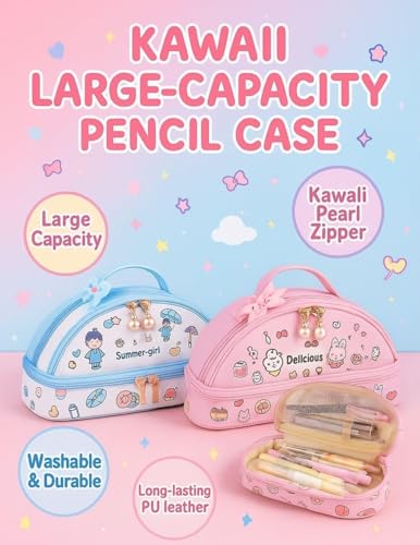 Image of Kawaii Large Capacity Pencil Case with Pearl Zipper Washable Durable PU Leather Pen Bag, Cute School Stationery Organizer for Girls, Kids, Teens, Students (Summer Girl Blue Pouch)