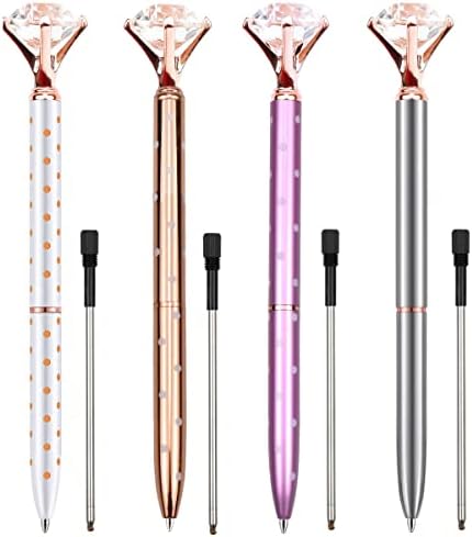 Ball Pens with Big Diamond, 4Pcs Crystal Ballpoint Pen Metal Ballpoint Pen Big Diamond Pens Fashion Ballpen Office Supplies with Refills for Women Coworkers School Stationery - 1.0mm Medium Nib